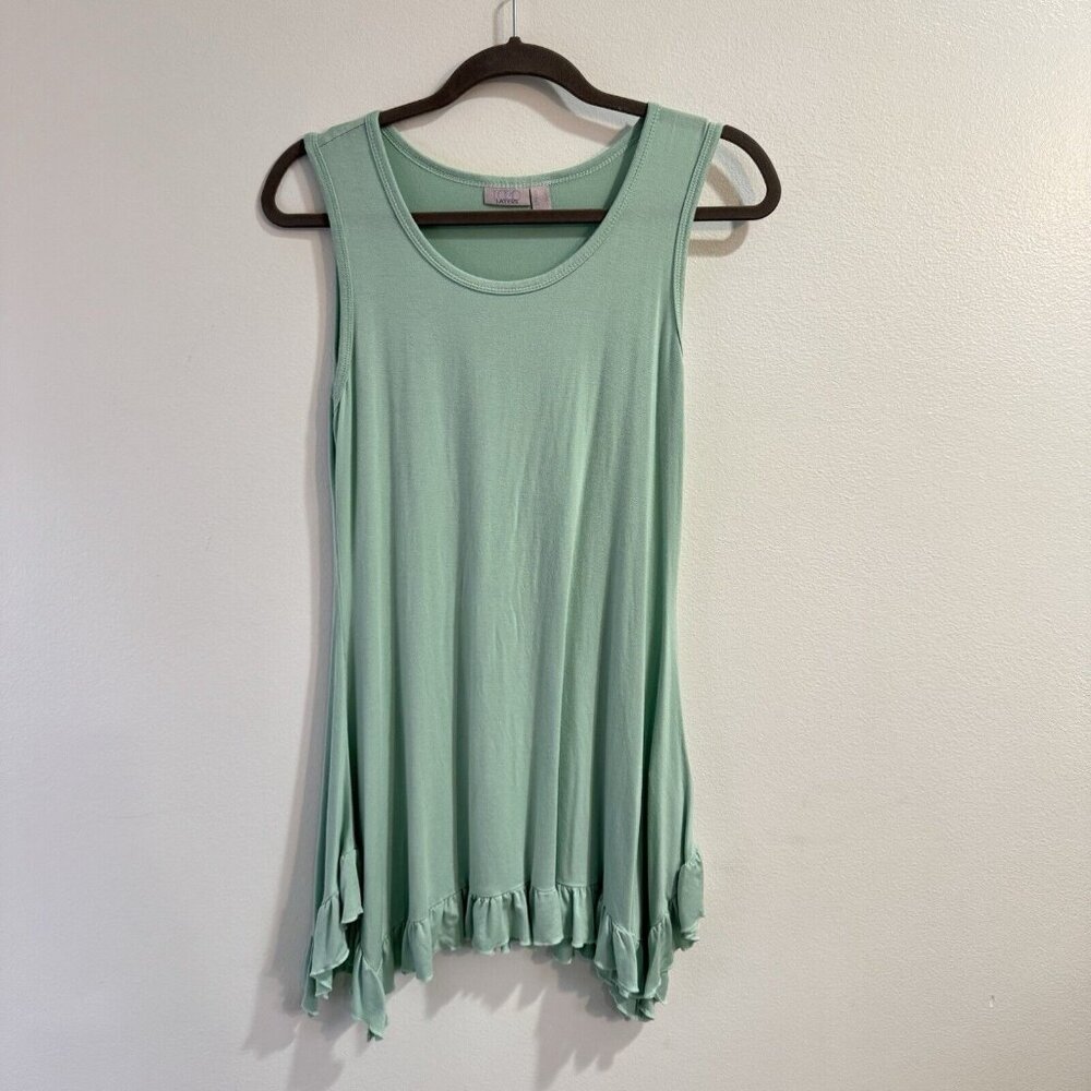 LOGO Lori Goldstein Tank Top S Tunic Shirt Mint Green Ruffle Stretch Lagen